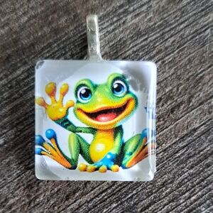 Hand crafted 1" Glass tile Colorful Frog Reptile Pendant